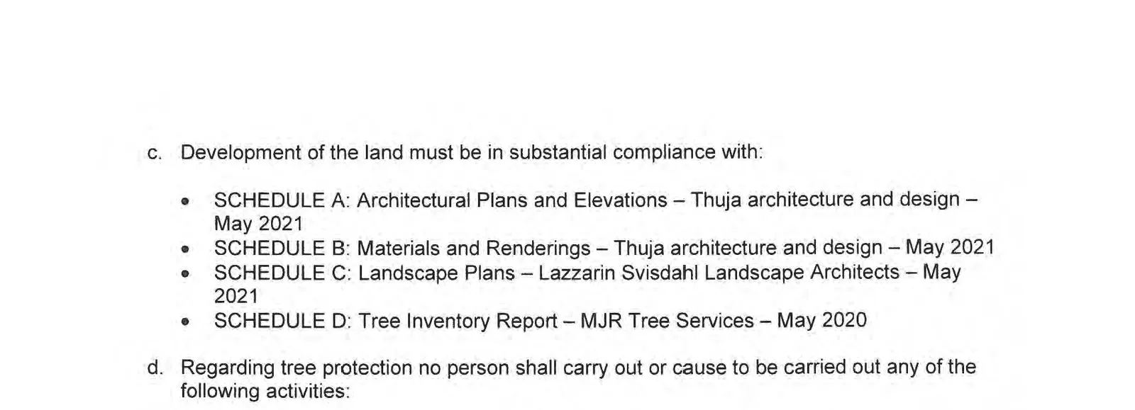 List of schedules for development compliance including architectural, landscape, and tree inventory reports