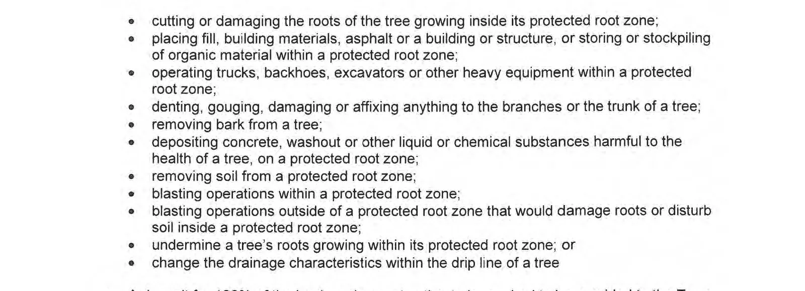 List of prohibited activities for tree protection within the protected root zone