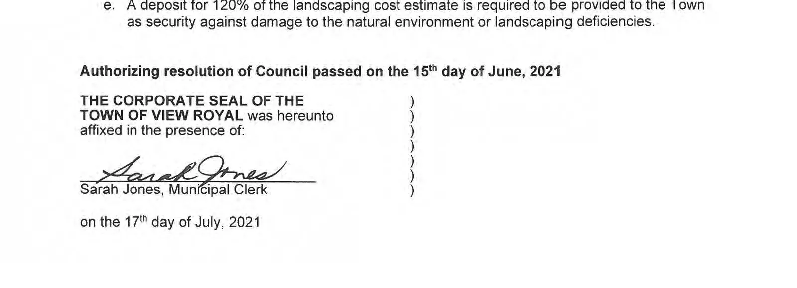 Landscaping deposit requirement and authorizing resolution of council
