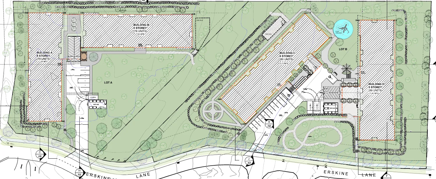 Landscape plan for a residential development on Erskine Lane, showing four 5-storey buildings across two lots. Building A and Building B (each with 79 units) are located on Lot A, while Building C and Building D (each with 89 units) are located on Lot B. The plan includes landscaped green spaces, a playground, a dog run, and parking areas.