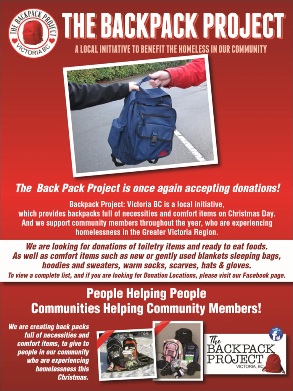 Promotional poster for The Backpack Project showing hands passing a blue backpack and smaller photos of filled backpacks.