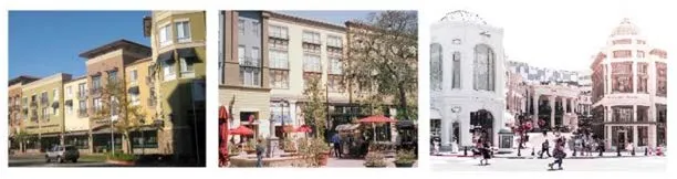 Three photos of neighbourhood centre commercial buildings with apartments