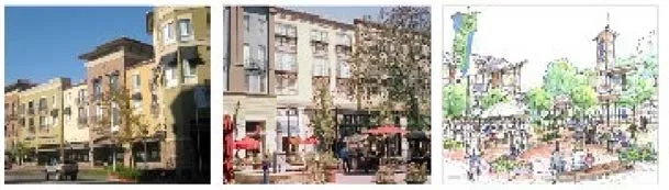 Three photos of intensive mixed use buildings