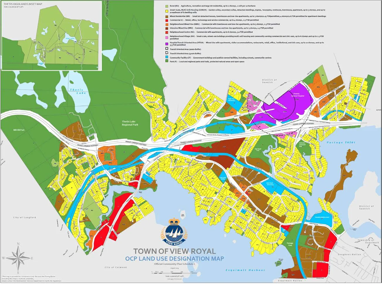 Town of View Royal Official Community Plan (OCP) Land Use Designation Map, including a Thetis Highlands inset map and a detailed land use legend.