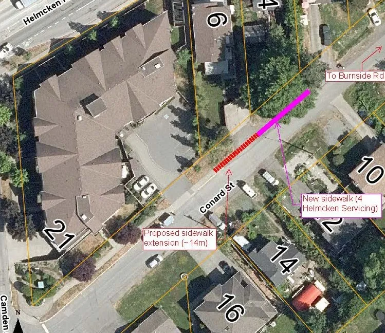 Aerial map showing a sketch plan for a sidewalk gap on Conard Street. The map indicates a pink line for "New sidewalk (4 Helmcken Servicing)" and a red dashed line for a "Proposed sidewalk extension (~14m)". Surrounding streets shown include Helmcken, Camden, and a pointer "To Burnside Rd".
