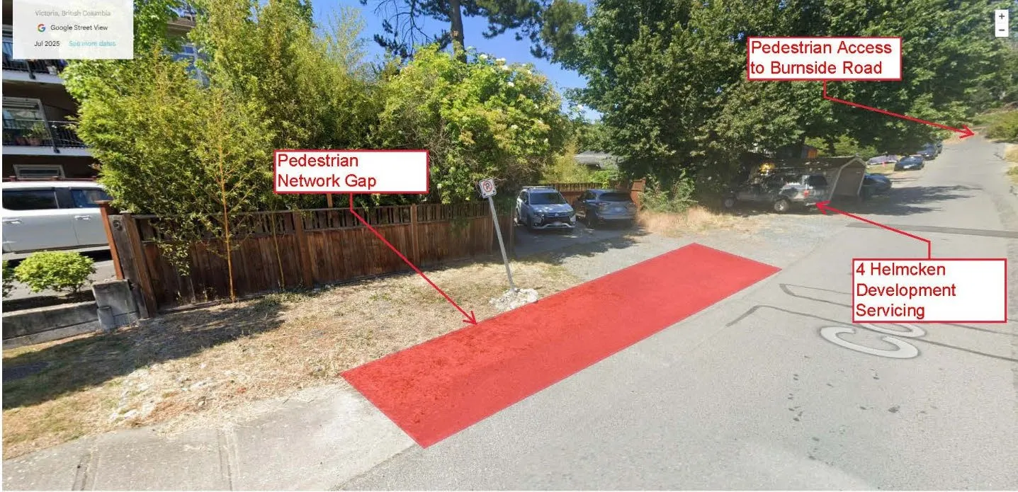Annotated Google Street View image of Conard Street showing a "Pedestrian Network Gap" highlighted with a red overlay, "Pedestrian Access to Burnside Road" pointing further up the street, and an area labeled "4 Helmcken Development Servicing".