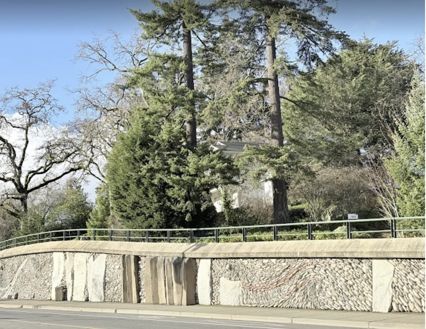 A decorative stone and concrete retaining wall with various textures and patterns, topped with a metal railing and set against a backdrop of tall evergreen trees.