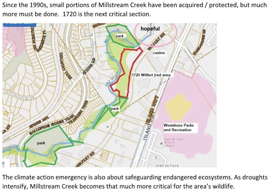 A street map highlighting a parcel of land at 1720 Wilfert Road in red, showing its proximity to Millstream Creek, Atkins Ave, and the Island Highway, with adjacent green areas labeled "park".