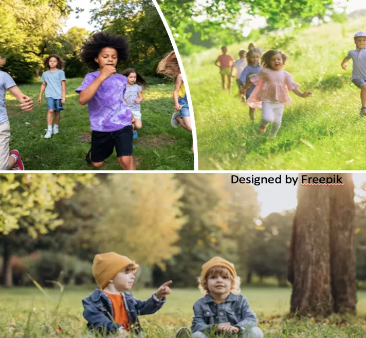 A collage of photographs showing children of diverse backgrounds running and playing in green, sunny outdoor park and field environments.