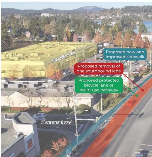 Aerial rendering of proposed improvements on Admirals Road near Canadian Tire and Glentana Road, showing new sidewalks and lane removals