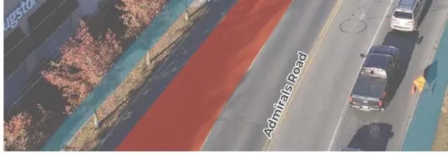 Close-up rendering of Admirals Road showing a proposed protected bicycle lane or multi-use pathway