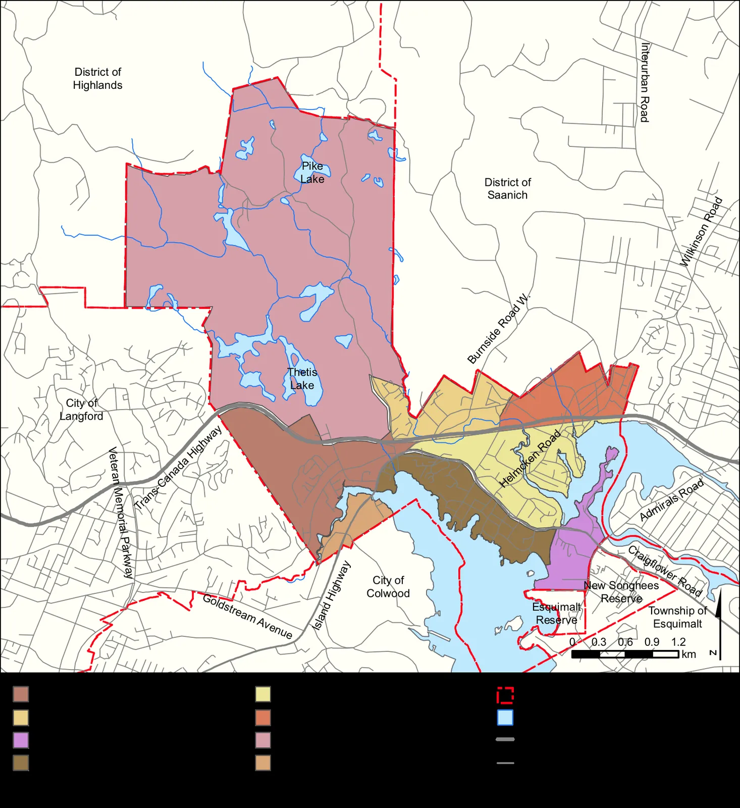 Map of View Royal showing its eight distinct precincts: Atkins, Burnside, Craigflower, Harbour, Helmcken, Hospital, Thetis, and Wilfert
