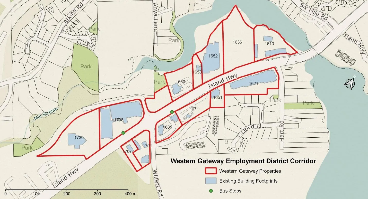 Map of the Western Gateway Employment District Corridor showing property boundaries and existing building footprints along Island Highway