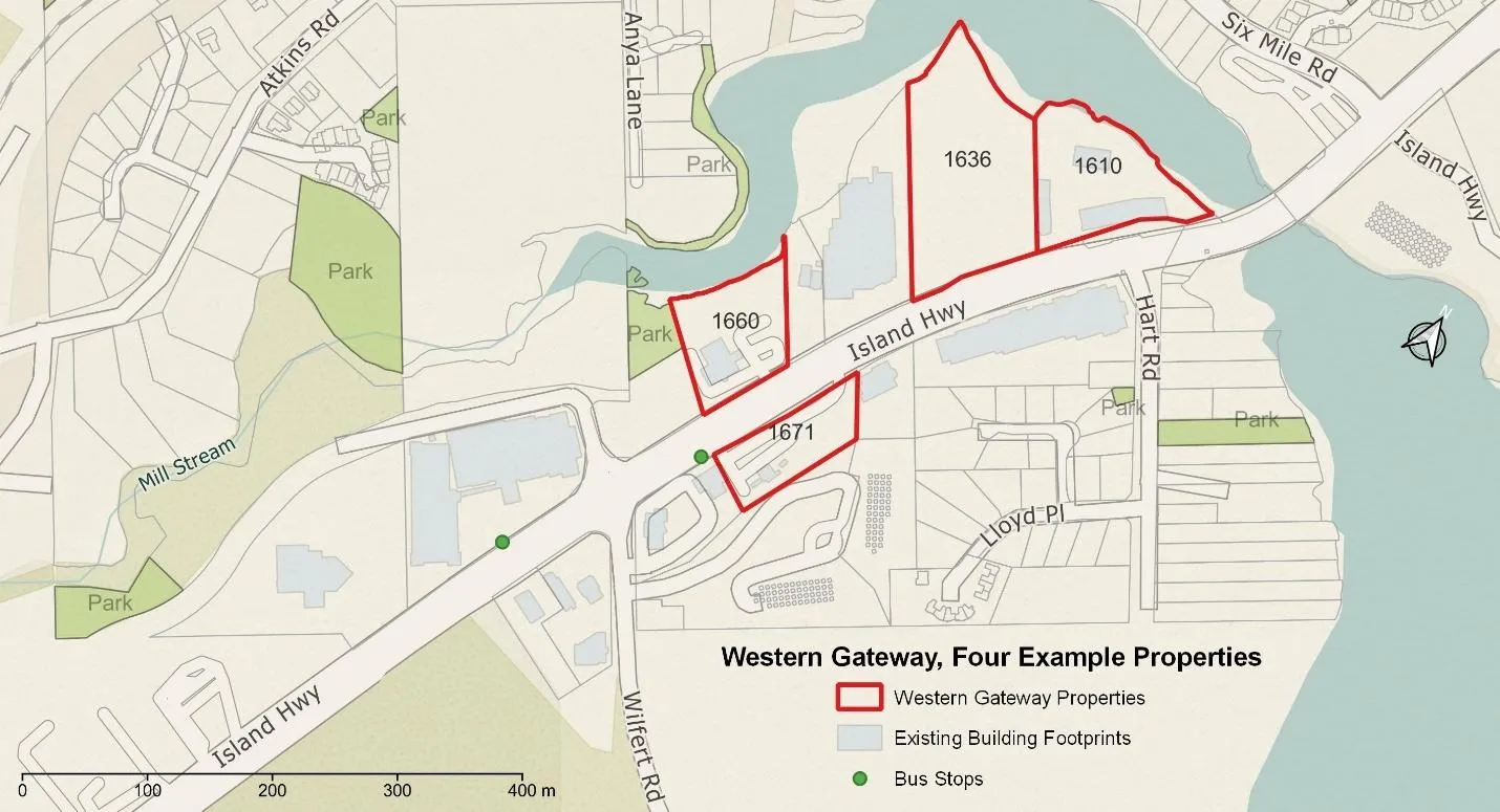 Map highlighting four example properties (1636, 1610, 1660, and 1671) within the Western Gateway corridor
