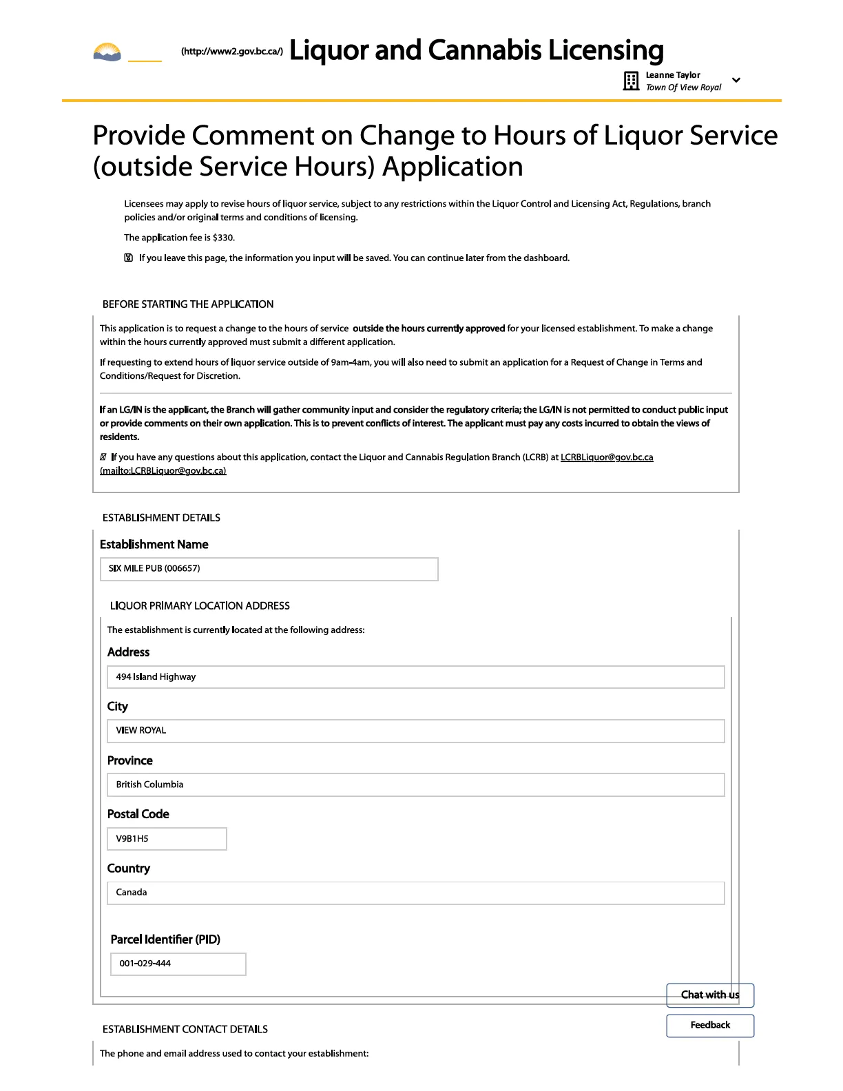 First page of the application form showing establishment details for Six Mile Pub
