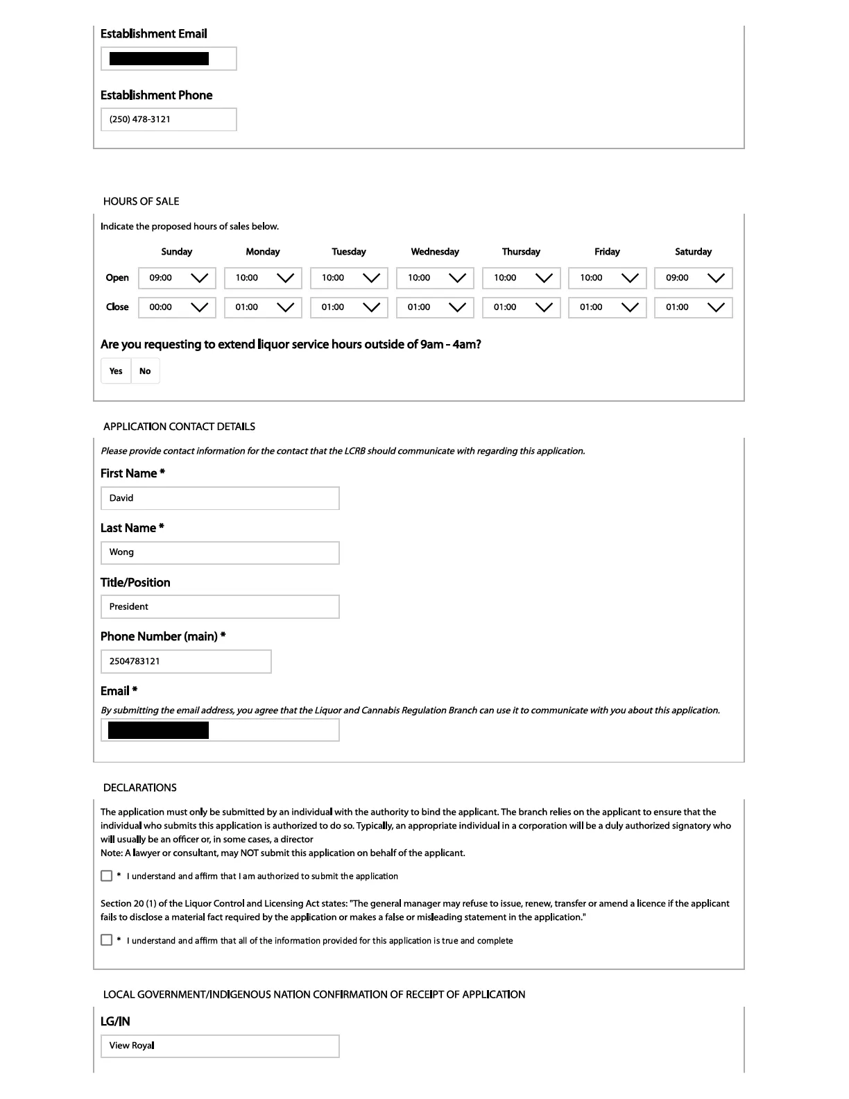 Second page of the application form showing proposed hours of sale and application contact details