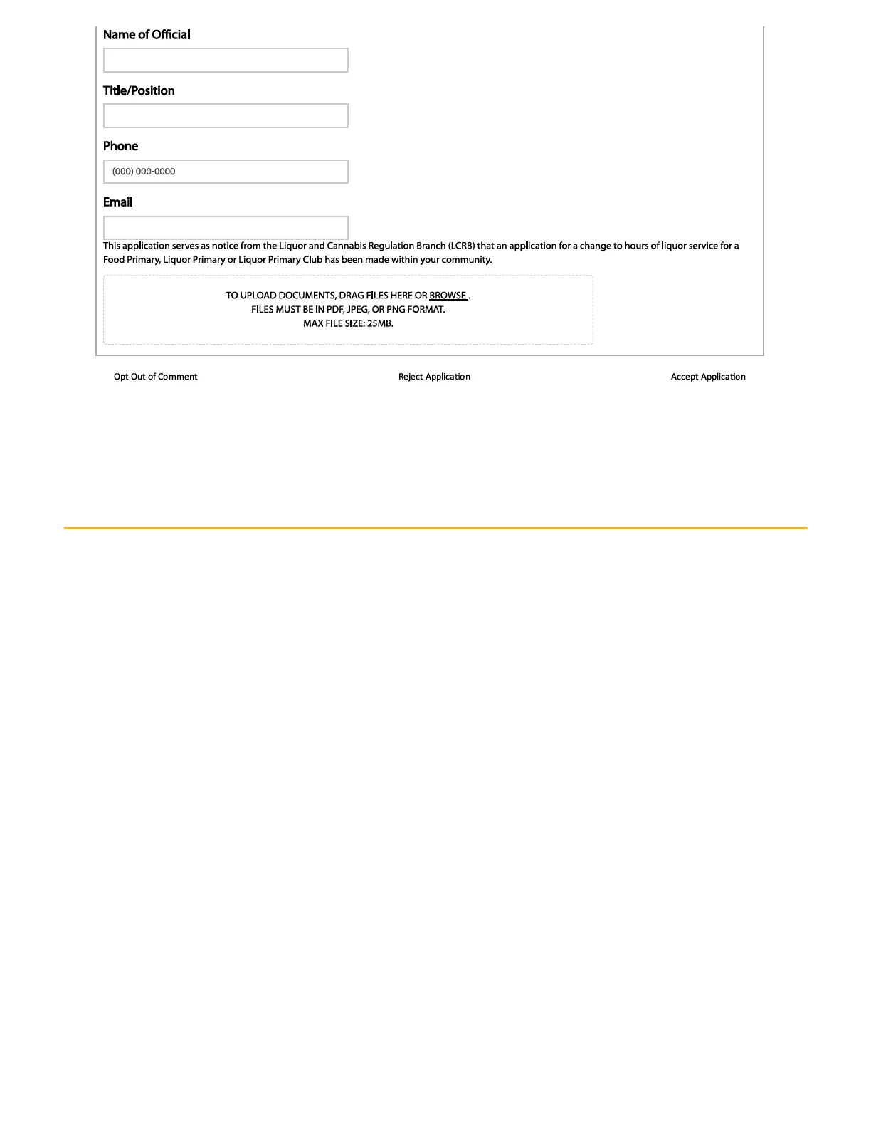 Third page of the application form showing local government official details and document upload section