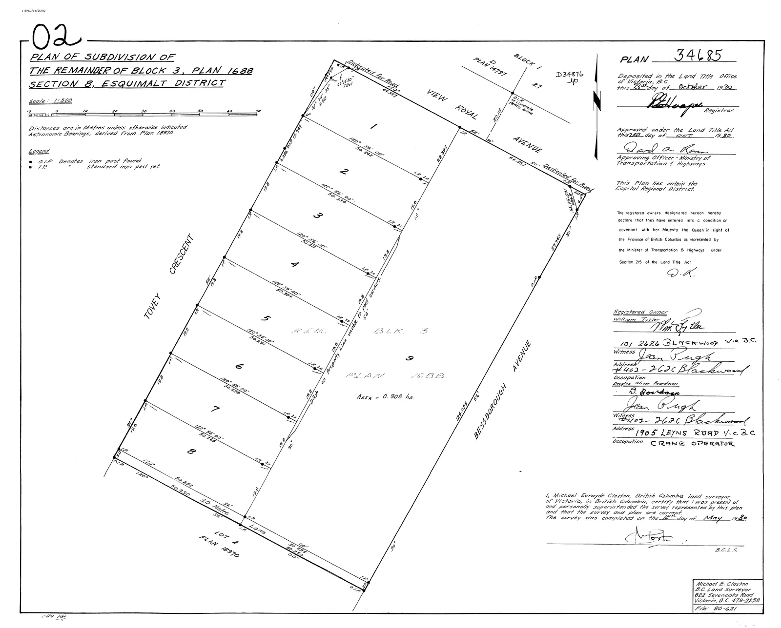 Survey plan map for subdivision Plan 34685, showing the creation of Lots 1 through 8 along Tovey Crescent and a large remainder lot 9 (Area = 0.808 ha). The map identifies Tovey Crescent, View Royal Avenue (with areas dedicated for road), Bessborough Avenue, and a 3.0 Metre Lane. Adjoining properties include Plan 14797 and Plan 18970.