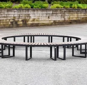 Photo of a modern circular metal and wood slat bench