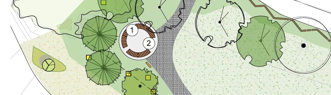 Plan detail of circular seating node with benches