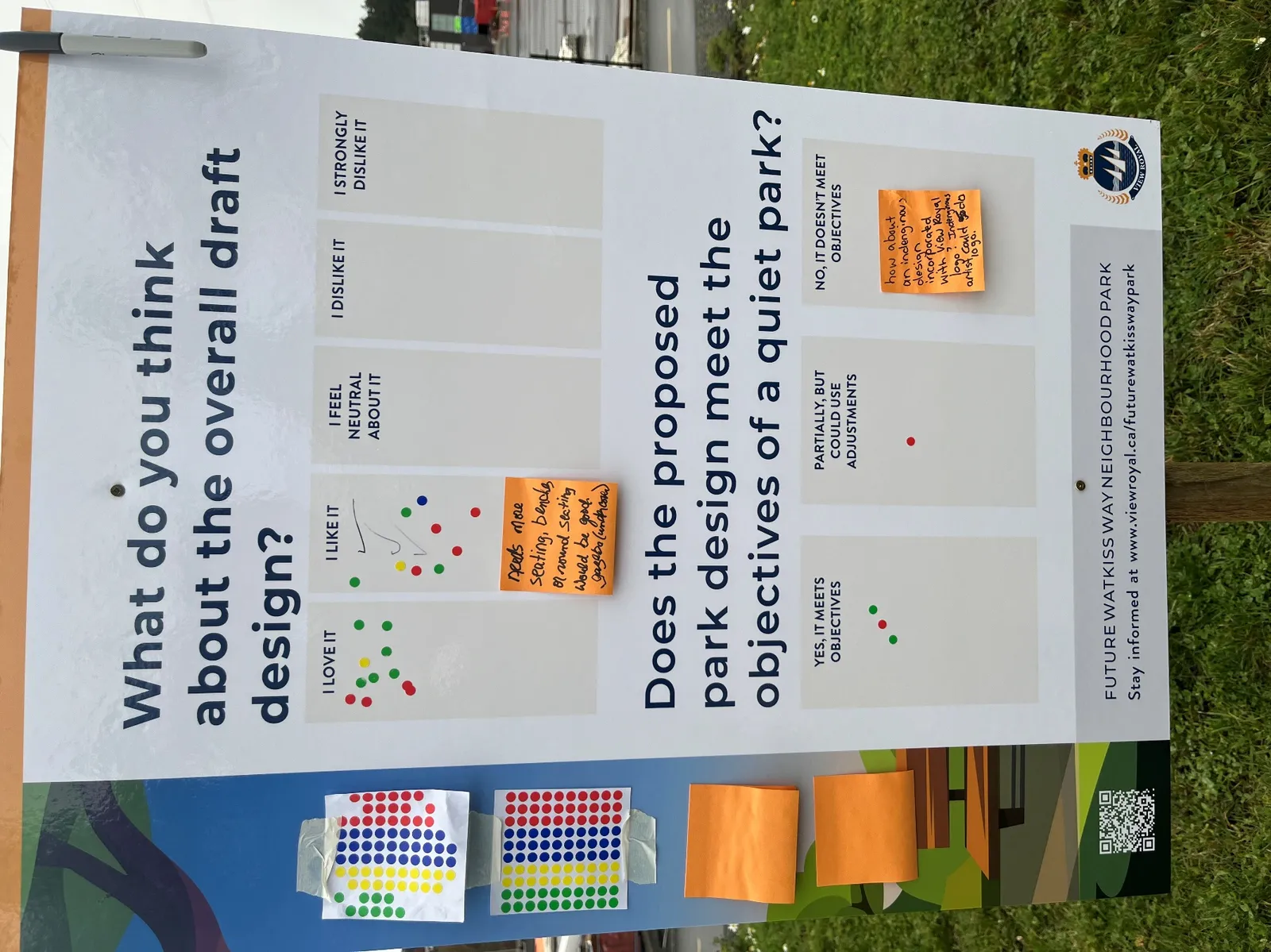 Comment board asking "What do you think about the overall draft design?" and "Does the proposed park design meet the objectives of a quiet park?"