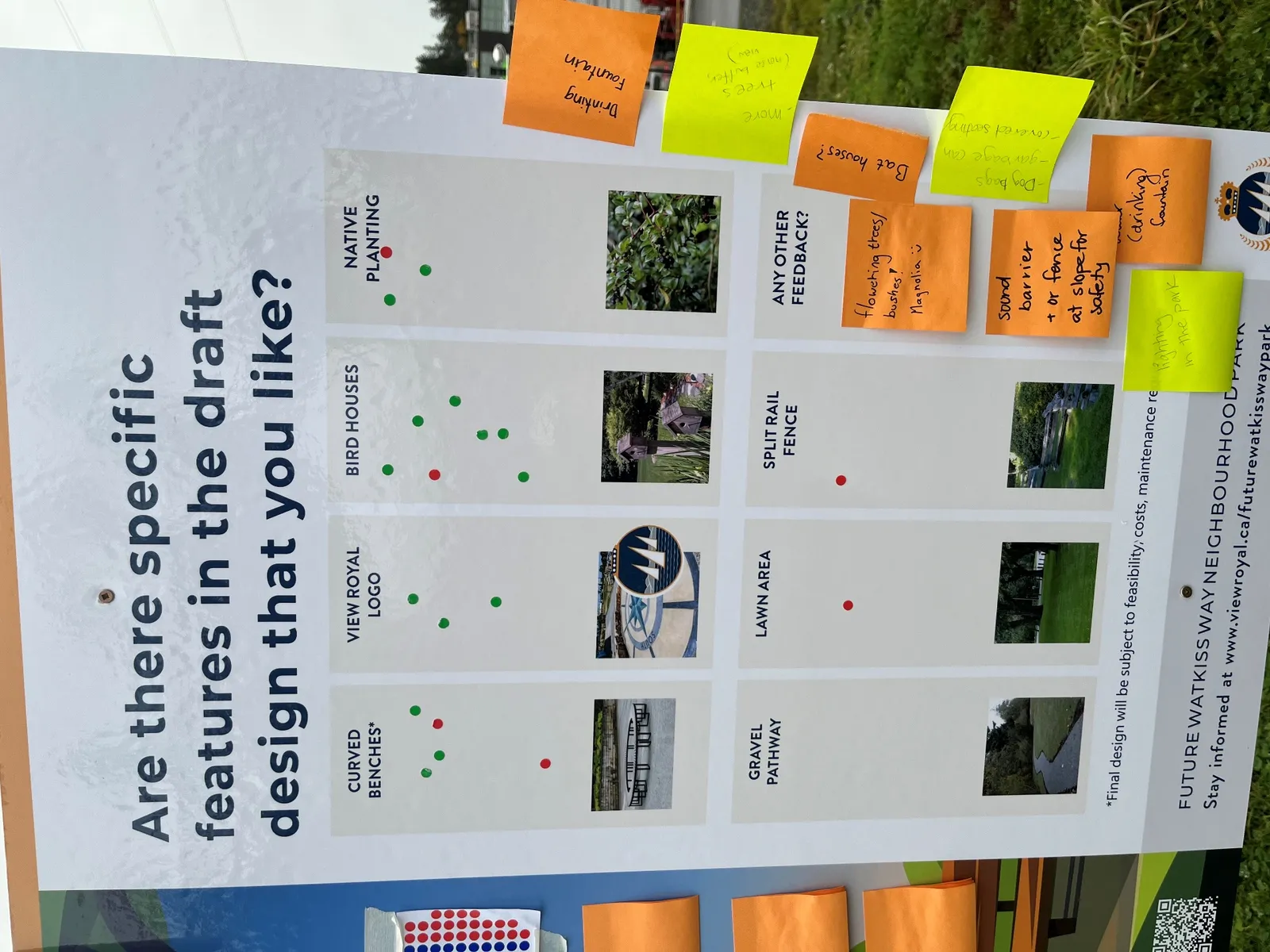 Comment board asking "Are there specific features in the draft design that you like?" with various park features and a section for other feedback.