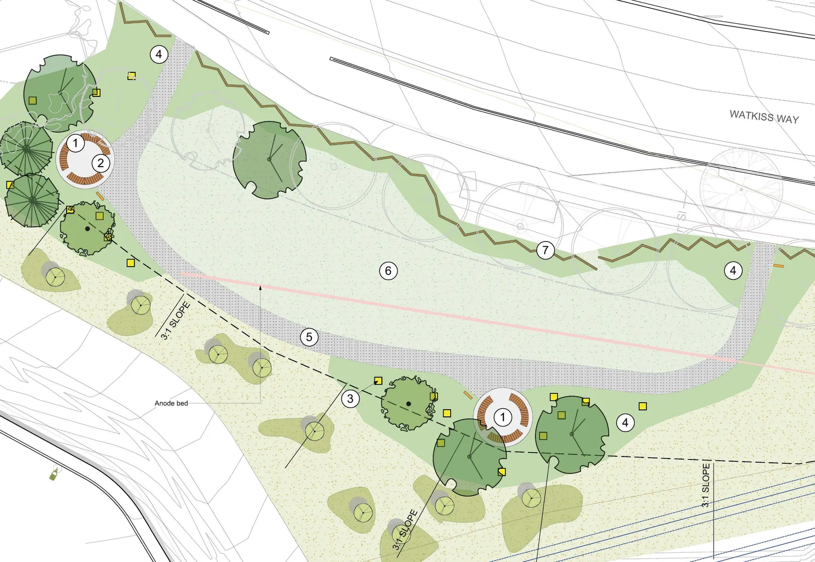 Detailed site plan with numbered callouts for specific park design elements