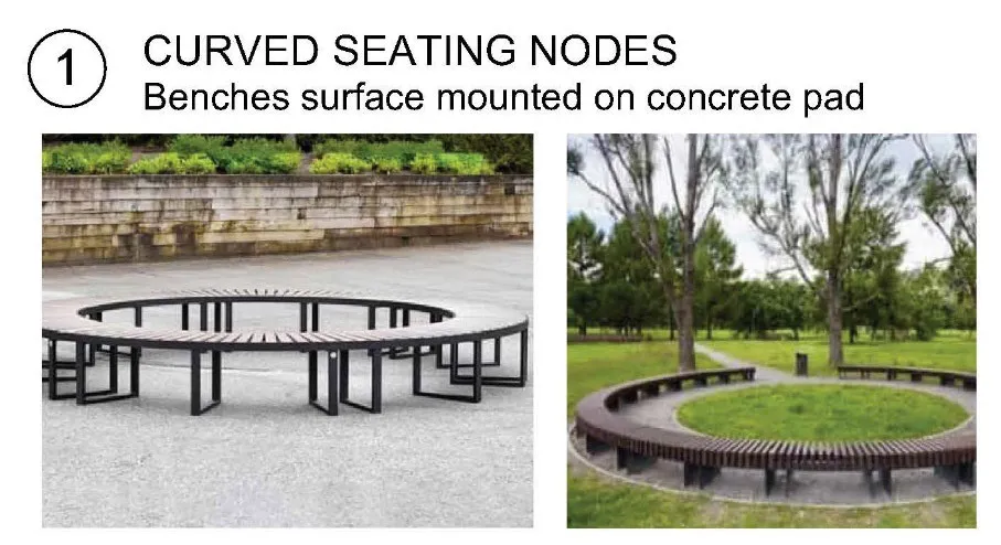 Photos of circular wooden benches mounted on concrete surfaces
