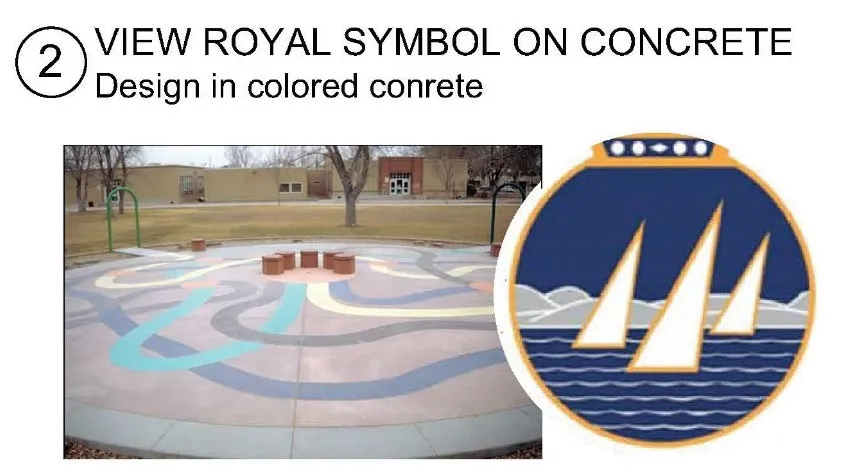 Photo of a colored concrete pattern and a rendering of the View Royal symbol