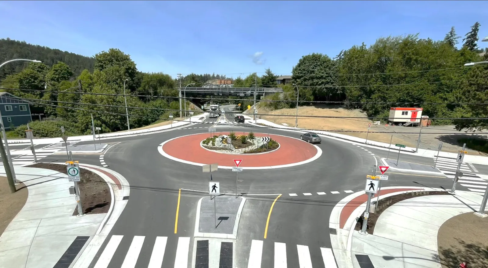 Photo: Wide-angle view of the new Six Mile Road/Atkins Road roundabout