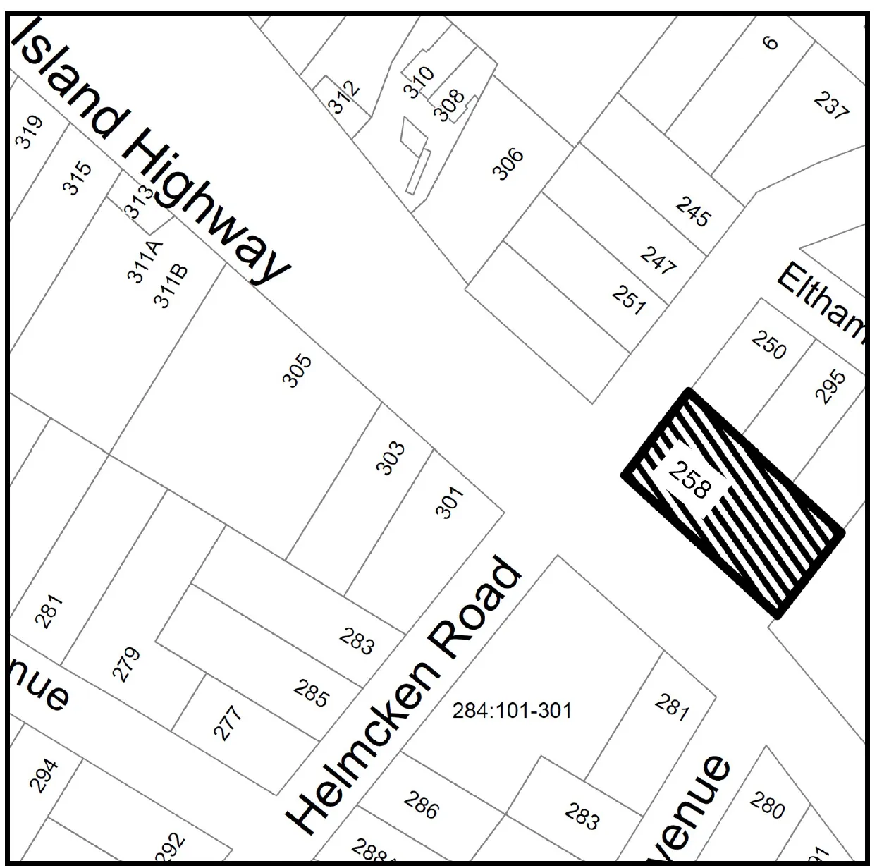Map showing the location of 258 Helmcken Road at the intersection of Island Highway and Helmcken Road