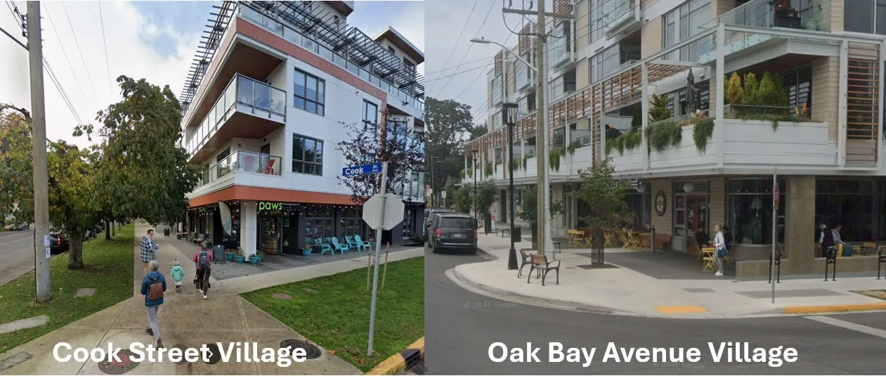 Comparison photos of urban streetscapes labeled "Cook Street Village" and "Oak Bay Avenue Village"