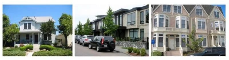Collage of mixed residential building examples including townhouses and low-rise apartments