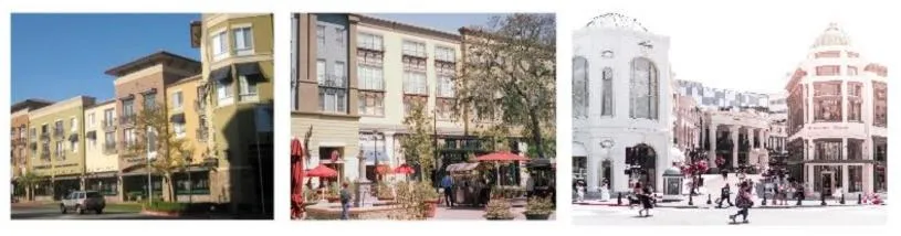 Collage of neighbourhood centre buildings with integrated commercial and residential space