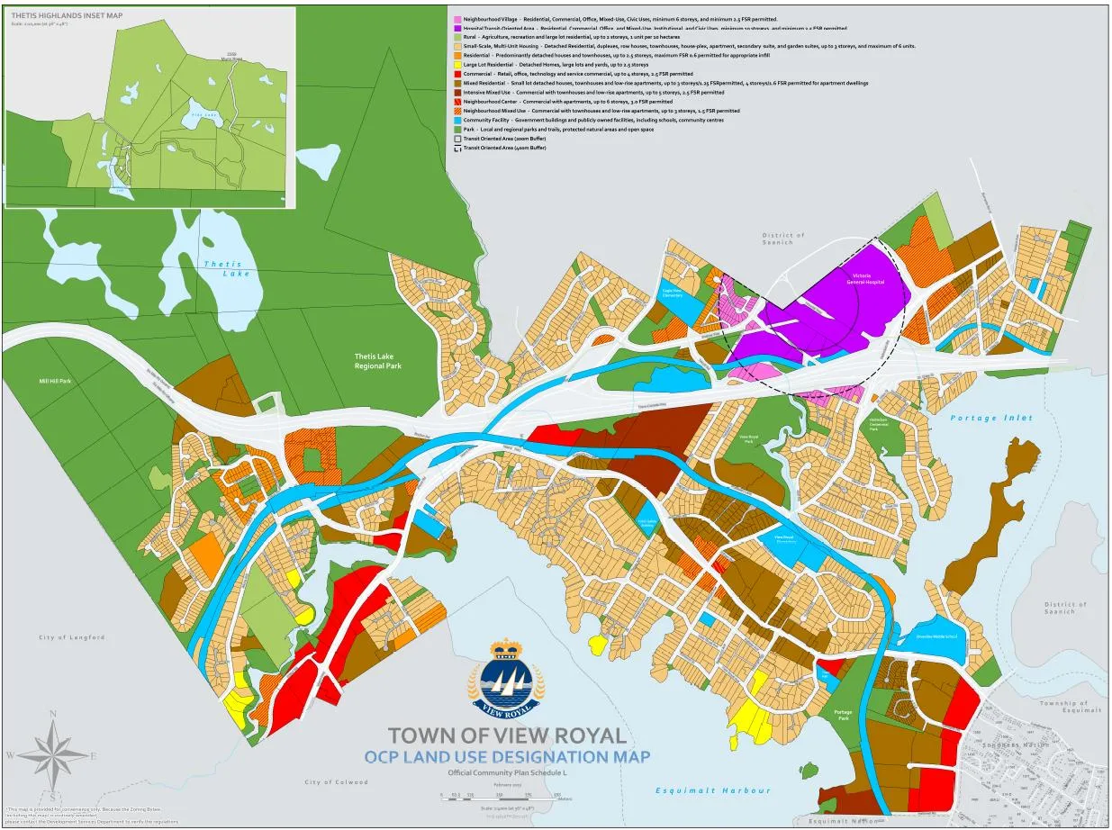 Town of View Royal OCP Land Use Designation Map showing various land use zones and transit-oriented areas