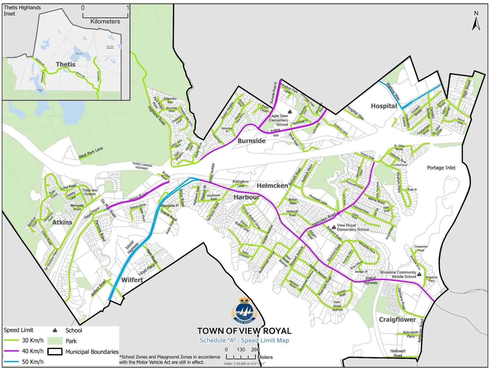 A map of the Town of View Royal showing speed limits for various streets, with a legend indicating 30 km/h (light green), 40 km/h (purple), and 50 km/h (blue) zones, as well as locations for schools and parks.