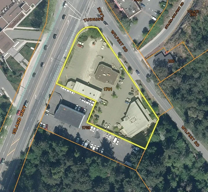 Aerial photo indicating the subject property at 1701 Island Hwy