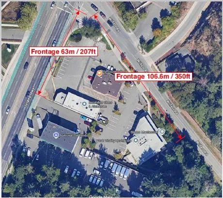 Site plan showing property frontages of 63m / 207ft on Island Hwy and 106.6m / 350ft on Wilfert Rd