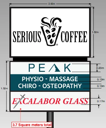 Technical drawing of the proposed sign showing dimensions and total area calculation of 3.7 square meters for the new portion