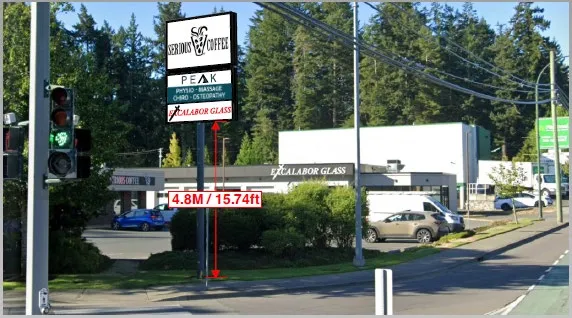 Visual rendering of the proposed sign at 1701 Island Hwy with a height measurement of 4.8M / 15.74ft