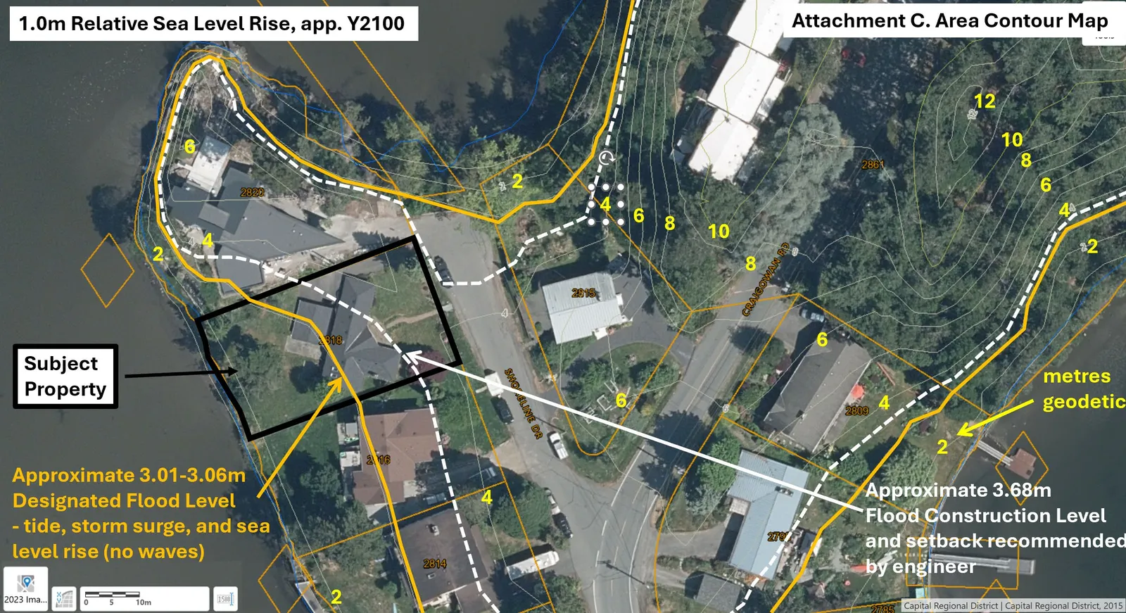 Area contour map (Attachment C) showing the subject property at 2818 Shoreline Drive, contour lines in metres geodetic, designated flood levels (3.01-3.06m), and a 1.0m Relative Sea Level Rise projection for the year 2100.