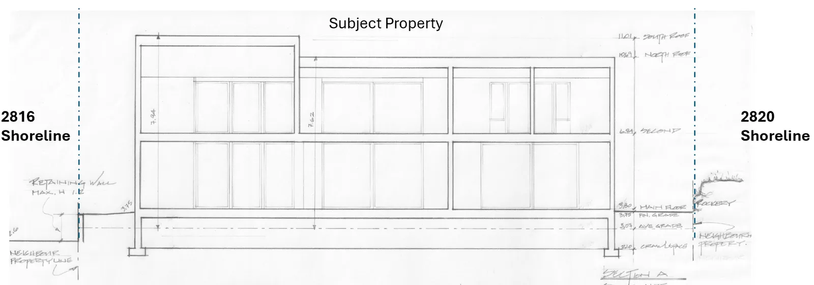 Site section drawing from Shoreline Drive showing neighboring properties at 2816 and 2820 Shoreline