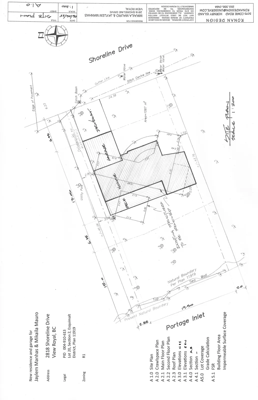 Site plan showing the property boundary, proposed residence and garage footprint, driveway, catch basin, and proximity to Portage Inlet and Shoreline Drive.