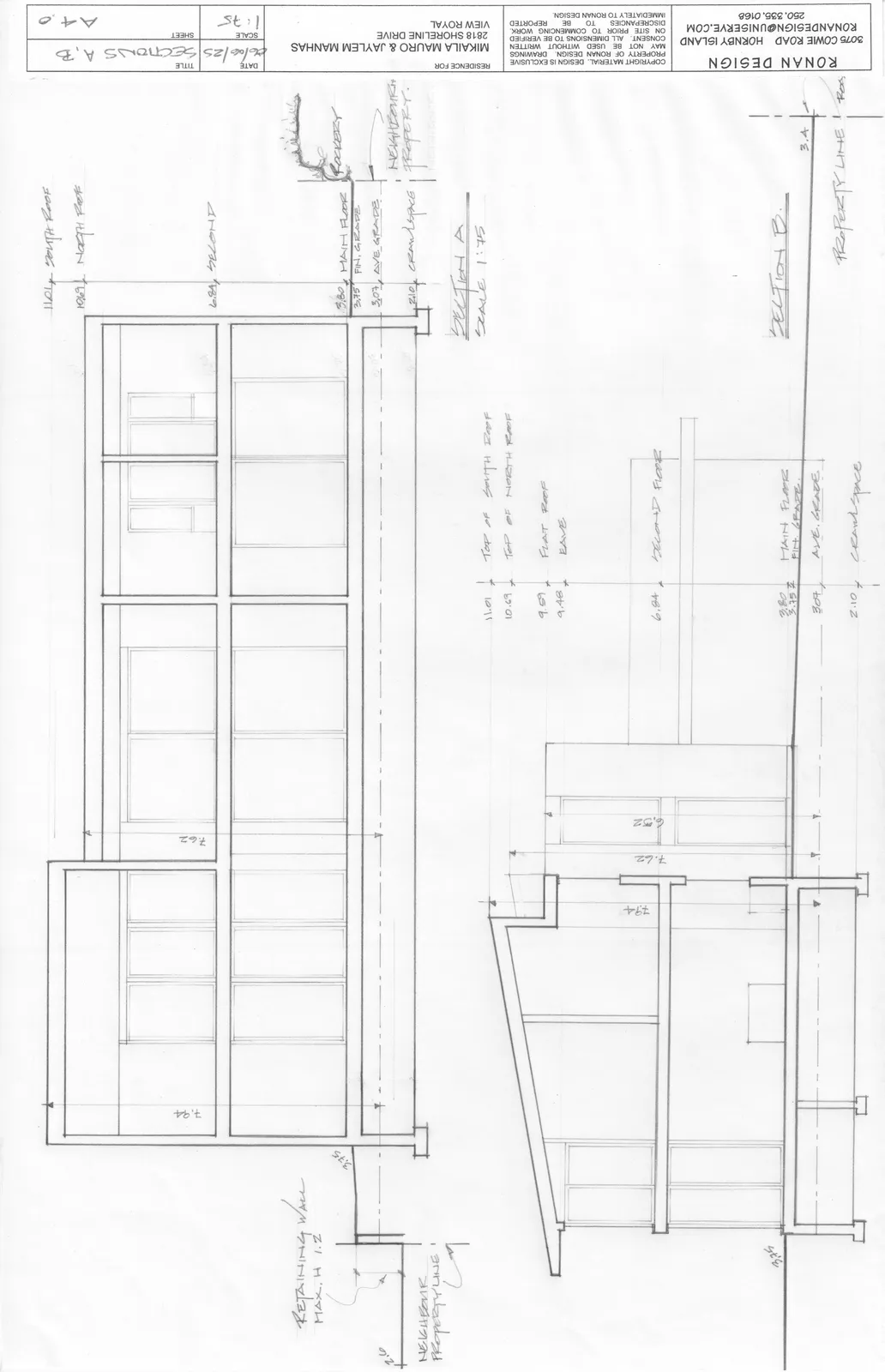 Cross-sections A and B showing interior structural levels and exterior site grading.