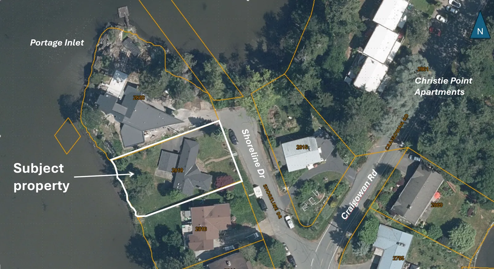 Aerial photo from 2023 showing the subject property at 2818 Shoreline Drive, Portage Inlet, Shoreline Drive, Craigowan Rd, and Christie Point Apartments