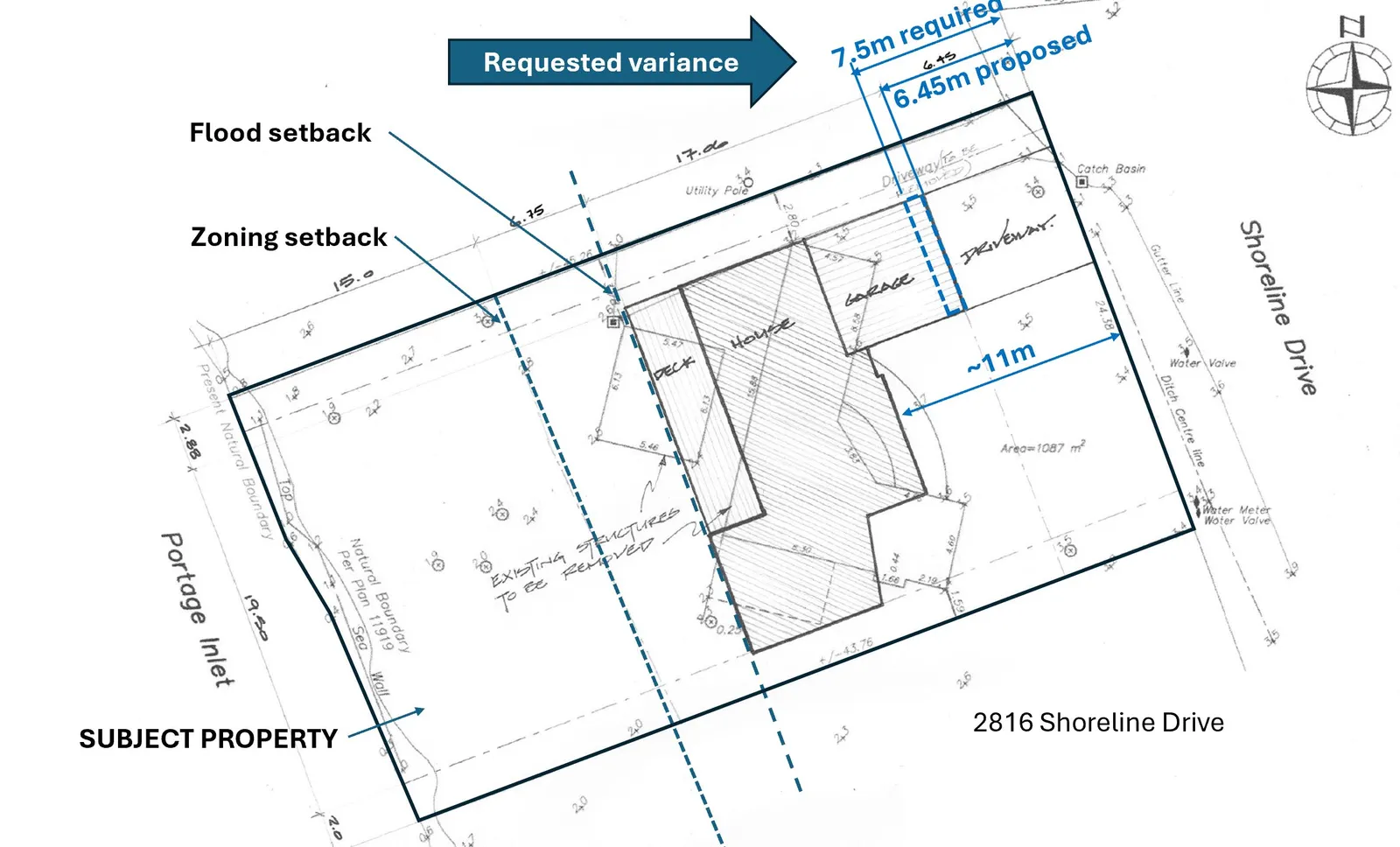 Site plan with a yellow highlight on the rear yard development area and walkway