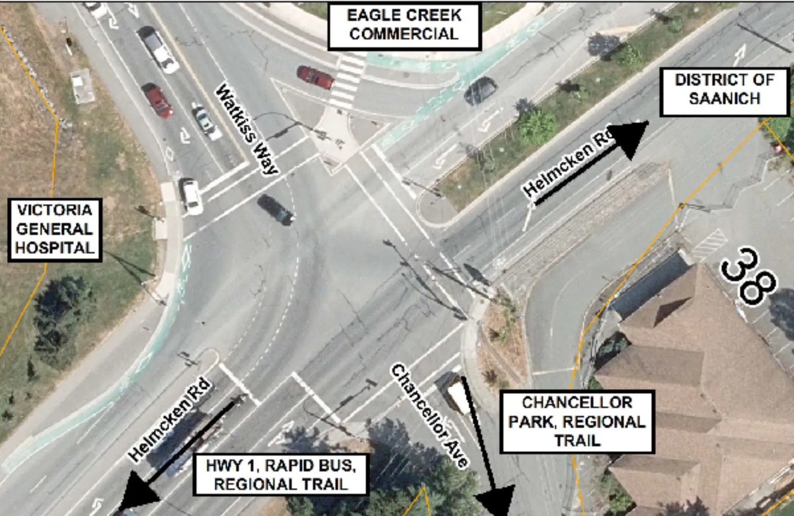 Aerial view of the Helmcken Rd and Watkiss Way intersection with labels for Victoria General Hospital, Eagle Creek Commercial, the District of Saanich, Chancellor Park/Regional Trail, and Hwy 1/Rapid Bus/Regional Trail.