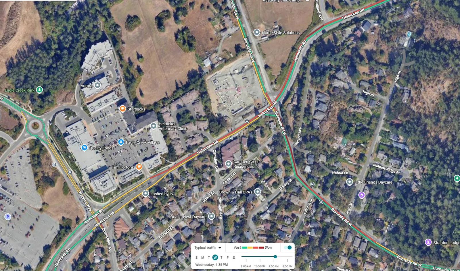 Google Maps screenshot showing current midweek traffic conditions at 4:30 PM, with red and orange congestion lines along Helmcken Road.