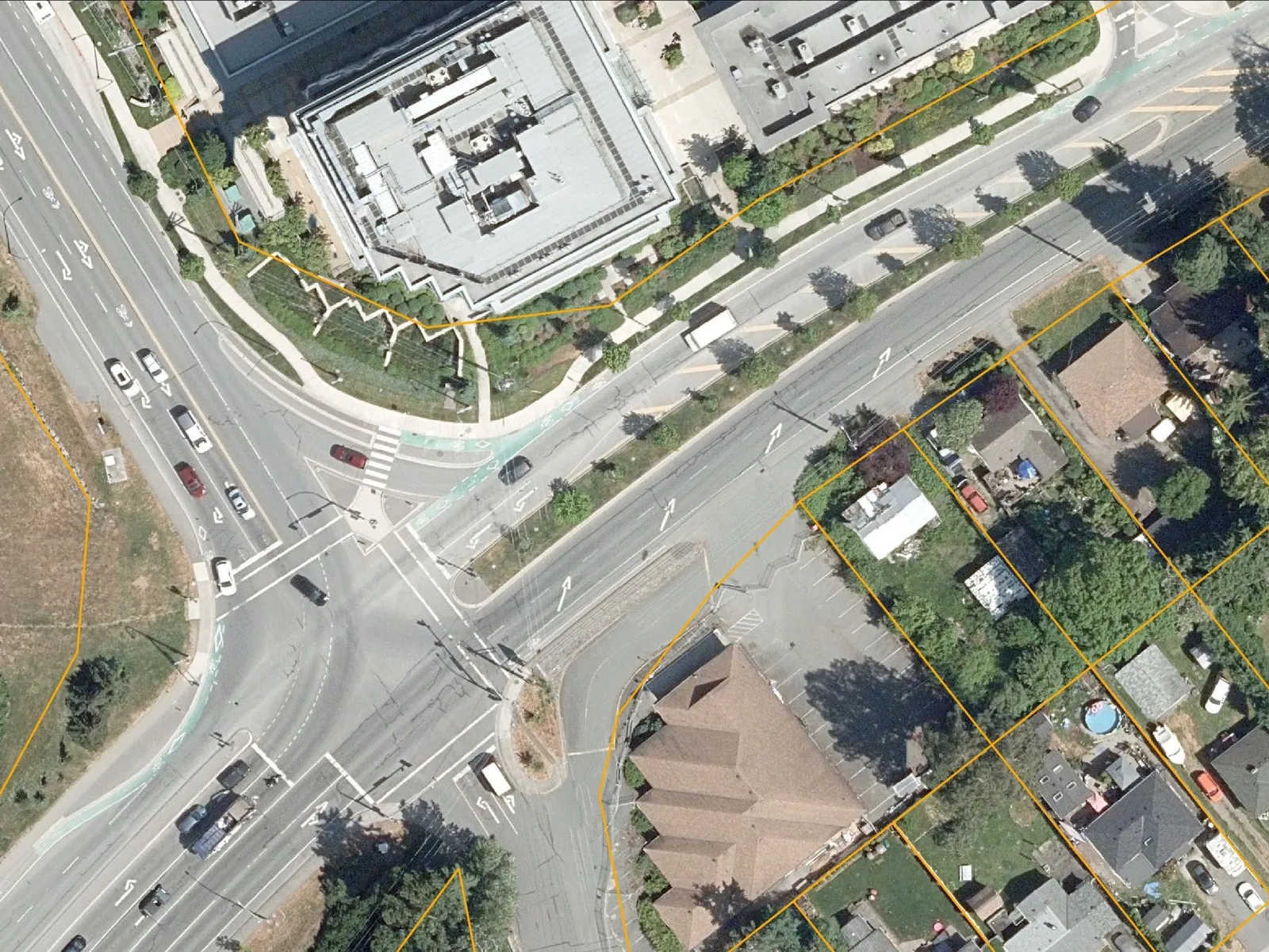 Detailed aerial view of the intersection highlighting the proposed additional southbound lane on Helmcken Road.