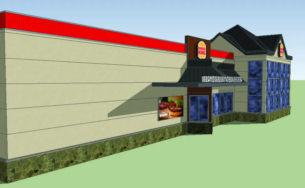 Rendering showing the proposed redesign of the main entrance and dining area facade